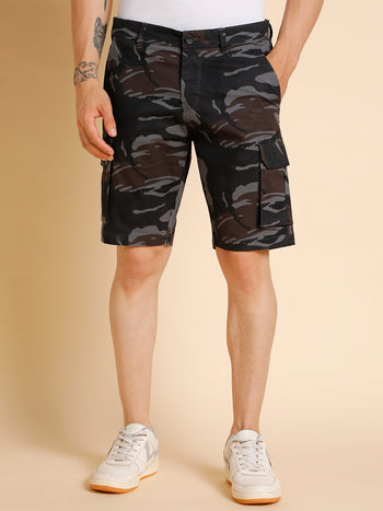 Men's Black Camouflage Cotton Shorts