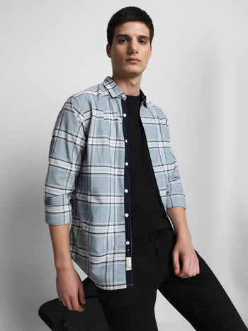 Men's Checks Grey Spread Collar Casual Shirt