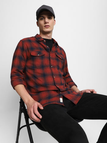 Men's Checks Rust Spread Collar Casual Shirt