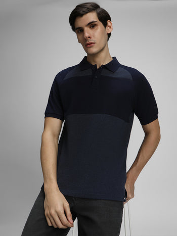 Men's Spread Collar Regular Fit Colorblock Navy T-shirt