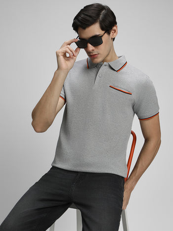 Men's Spread Collar Regular Fit Solid Grey T-shirt