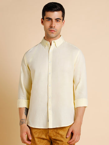 Men's Button Down Collar Regular Fit Solid Yellow Shirts