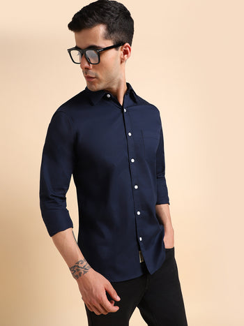 Men's Spread Collar Regular Fit Solid Navy Casual Shirts