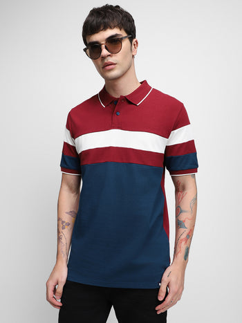 Dennis Lingo Colourblocked Polo Collar Slim Fit Pure Cotton Casual T-shirt