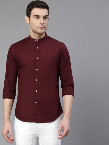 Men's Solid Chinese Collar Burgundy Casual Shirt