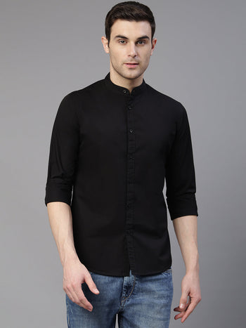 Men's Solid Black Slim Fit Cotton Casual Shirt