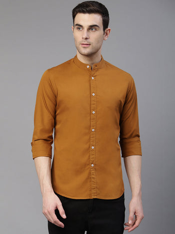 Men's Solid Chinese Collar Brown Casual Shirt