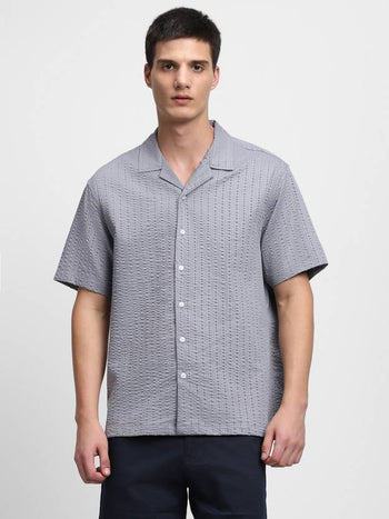 Men's Textured Grey Cuban Collar Casual Shirt