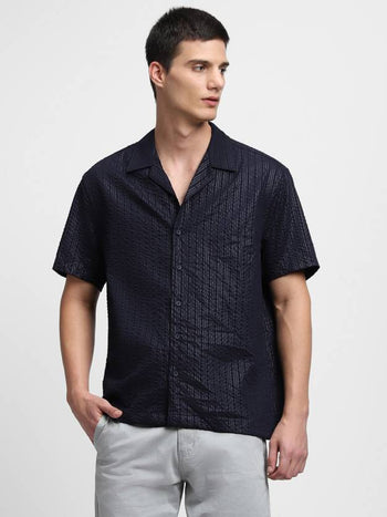 Men's Textured Navy Cuban Collar Casual Shirt