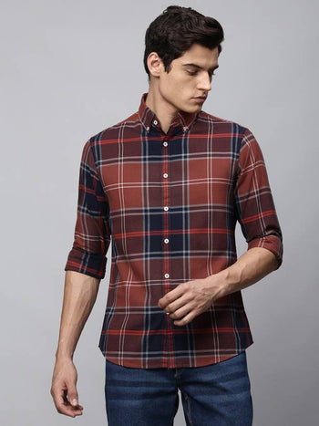 Men's Regular Collar Slim Fit Checks Navy Casual Shirt