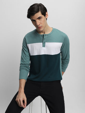 Dennis Lingo Colourblocked Henley Neck Pure Cotton T-Shirt