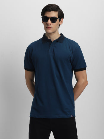 Men's Spread Collar Regular Fit Solid Navy T-shirt