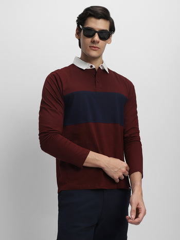 Men's Spread Collar Regular Fit Colorblock Maroon T-shirt