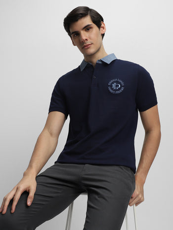 Men's Chambray Collar Regular Fit Solid Navy T-shirt