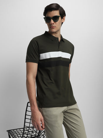 Men's Spread Collar Regular Fit Stripes Olive T-shirt