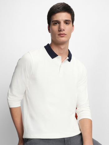 Men's Spread Collar Regular Fit White Casual T-shirt