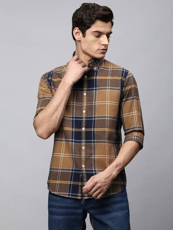 Men's Regular Collar Slim Fit Checks Blue Casual Shirt