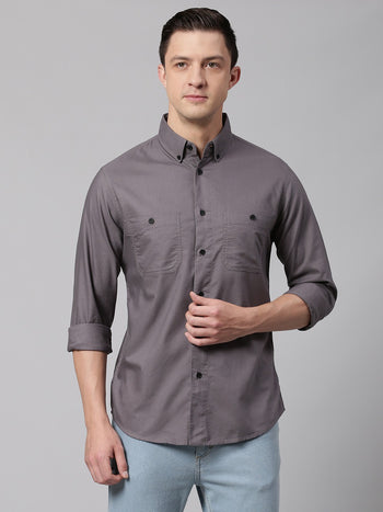 Men's Grey Button Down Collar Slim Fit Cotton Casual Shirt