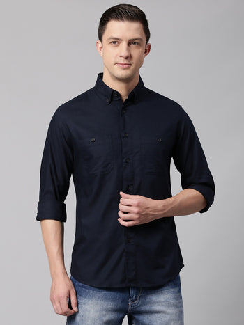 Men's Cuban Collar Regular Fit Stripes Navy Casual Shirts