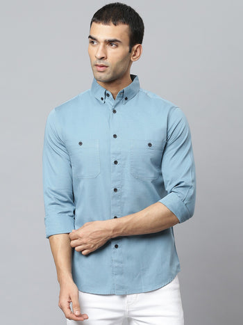 Men's Blue Slim Fit Opaque Cotton Casual Shirt