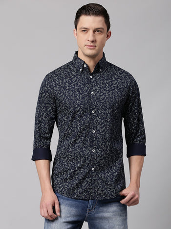 Men's Navy Blue Slim Fit Printed Casual Shirt