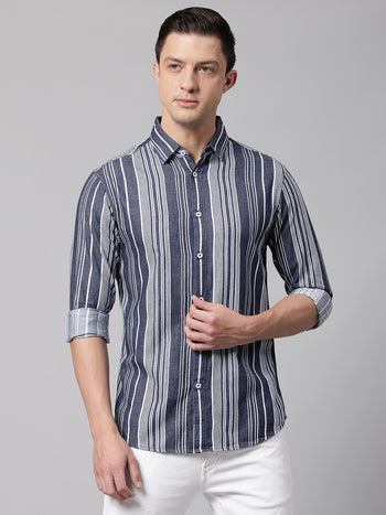 Men's Blue Slim Fit Striped Casual Shirt