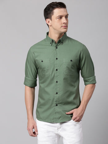 Men's Green Button Down Collar Slim Fit Cotton Casual Shirt