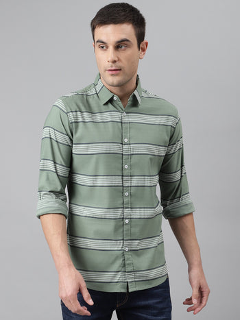 Men's Green Comfort Slim Fit Striped Pure Cotton Casual Shirt