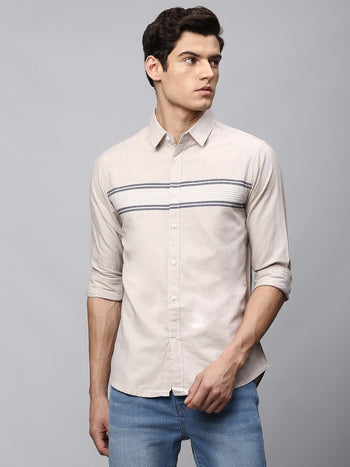 Men's Grey Slim Fit Horizontal Stripes Striped Casual Shirt