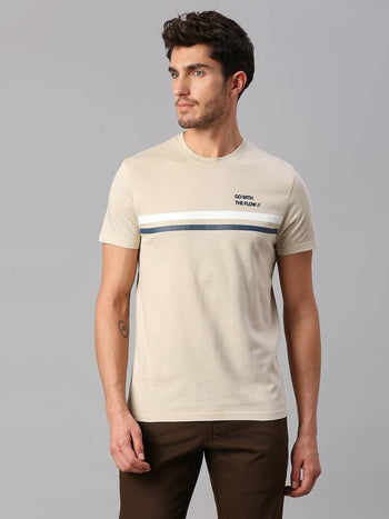 Men's Beige Striped Cotton T-shirt